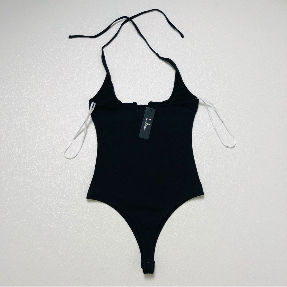 Lulus Ready or Notch Black Halter Bodysuit plunge Neckline stretchy knit body XS - Picture 6 of 11